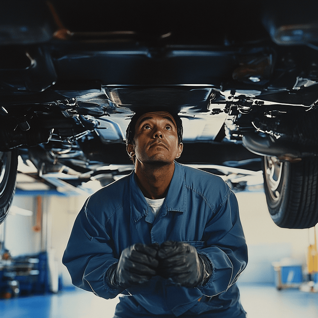 فحص شامل لأسفل سيارة بورش على رافعة في ورشة بورش الرياض